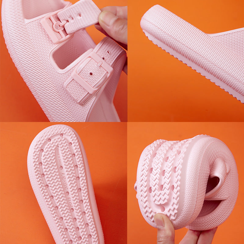 pink platform slippers with buckle straps is displayed, with a focus on the soft texture of the insole.