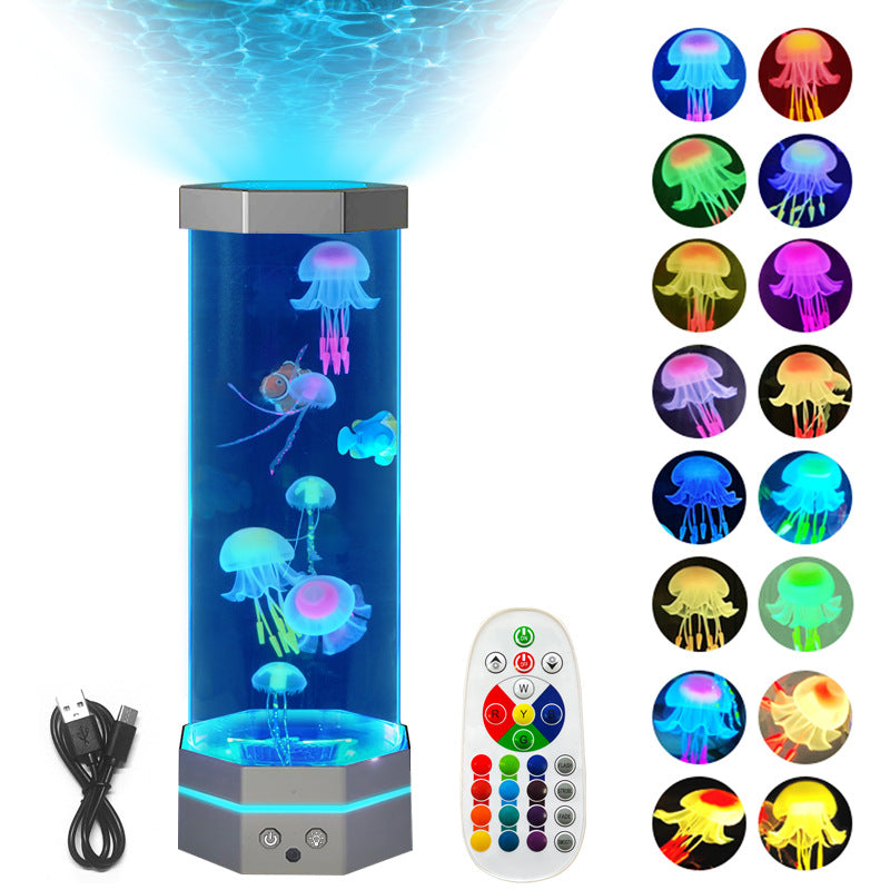 Jellyfish Lava Lamp showcases its capacity and various color modes, featuring lifelike jellyfish in a grey cylindrical tank