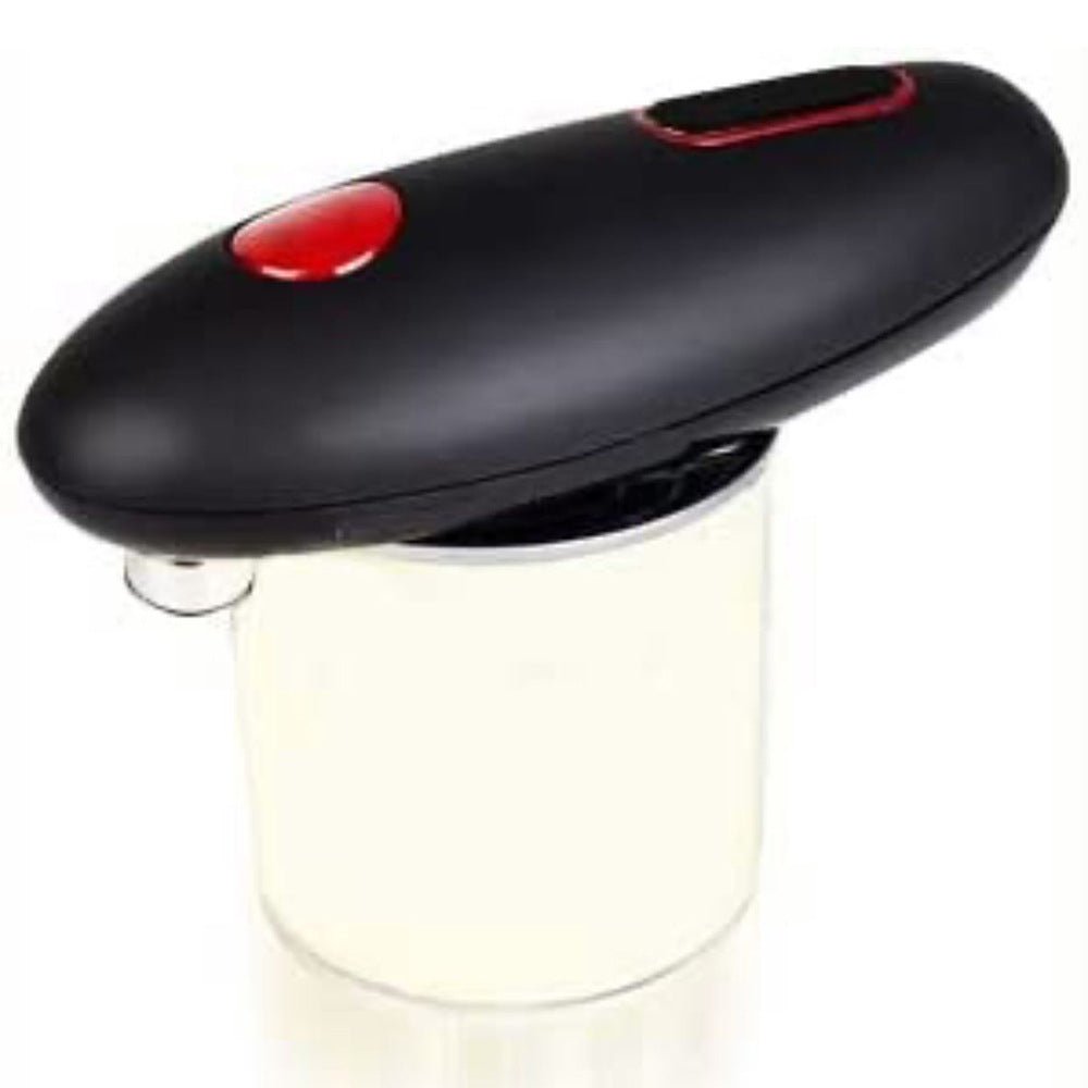 Hands-Free Operation with Automatic Can Opener: Featured in this image is the electric can opener being used on a can, showcasing its red operation button. It emphasizes the product’s safety design, smooth and durable edge, easy operation, and user-friendly, ergonomic design.