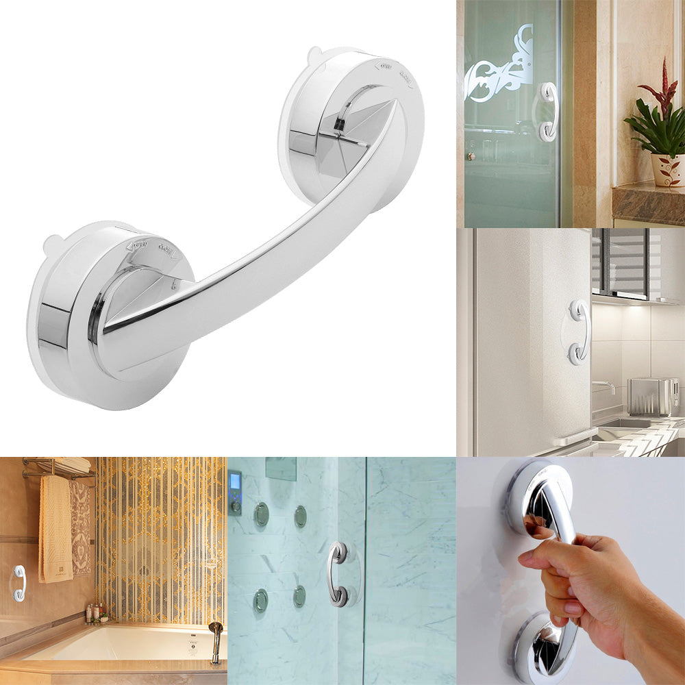Strong Suction Cup Grab Bar Handle on Multiple Surfaces: This image showcases the Strong Suction Cup Grab Bar Handle installed on various surfaces, including tiles and metal. The vacuum lock type structure allows for versatile installation, providing a reliable handhold in different areas of the home.