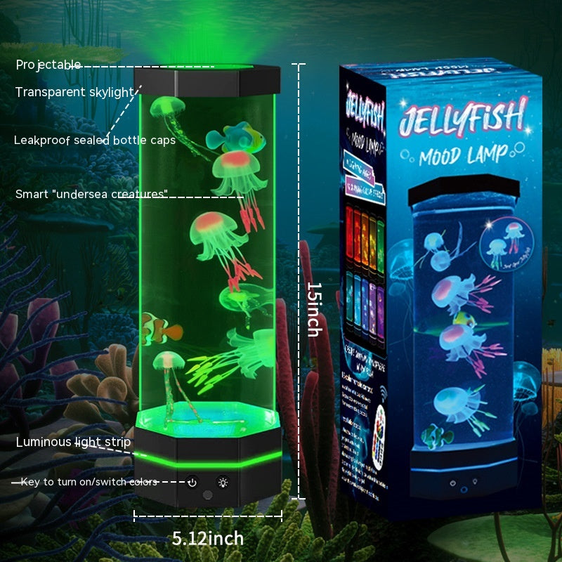 The Jellyfish Lava Lamp features lifelike jellyfish floating in a 5.12-inch wide, cylinder-shaped tank with a green luminescent light strip at the base and a transparent, projectable top. Packaging for the Jellyfish Mood Lamp shows a vibrant, tall box with images of the jellyfish lamp and its color options, emphasizing the 15-inch height and mood-enhancing features.