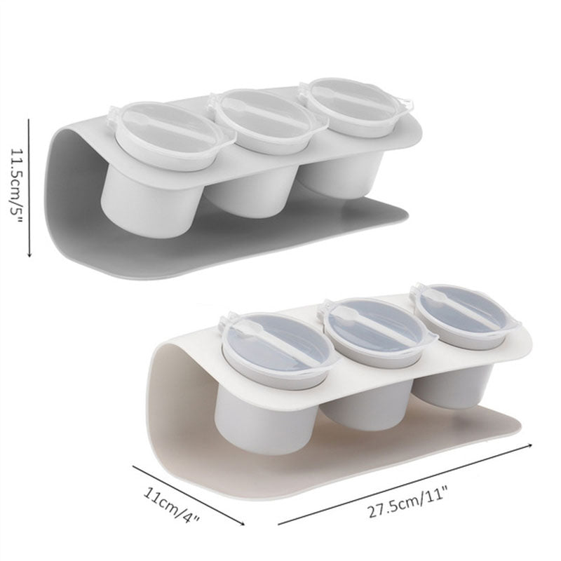 The Creative Seasoning Box Combination Set is depicted from different angles in a collage format, highlighting the compact design and the convenience of the three separate compartments for storing various seasonings.
