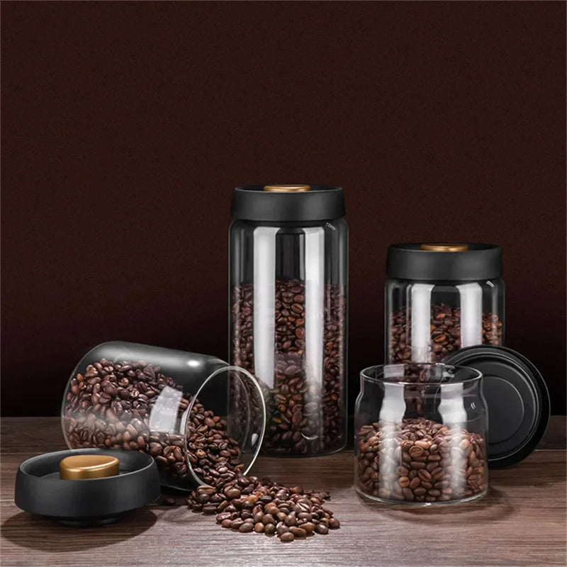 Glass Food Storage Container: A close-up of the Glass Food Storage Container filled with coffee beans, showcasing its airtight seal and modern design. This container is ideal for keeping your food items fresh and secure.