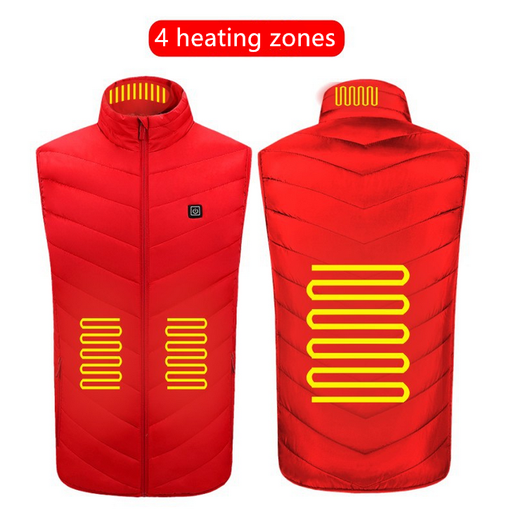 Red Heated Vest with 4 Heating Zones: A vibrant red vest equipped with a protective high neck and four heating zones highlighted in red on the chest and back areas