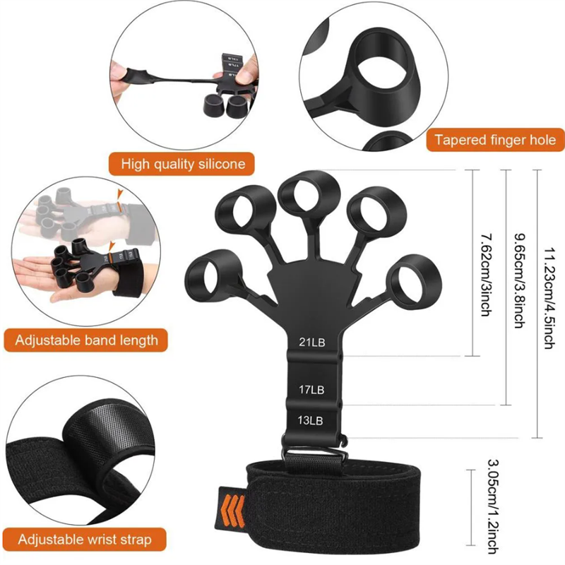 The image shows a hand stretching a black silicone finger exerciser with loops for each finger, suggesting its use for physical therapy. Insets display the device being used in different ways to strengthen individual fingers and the wrist, indicating its versatility for various exercises and grip training.