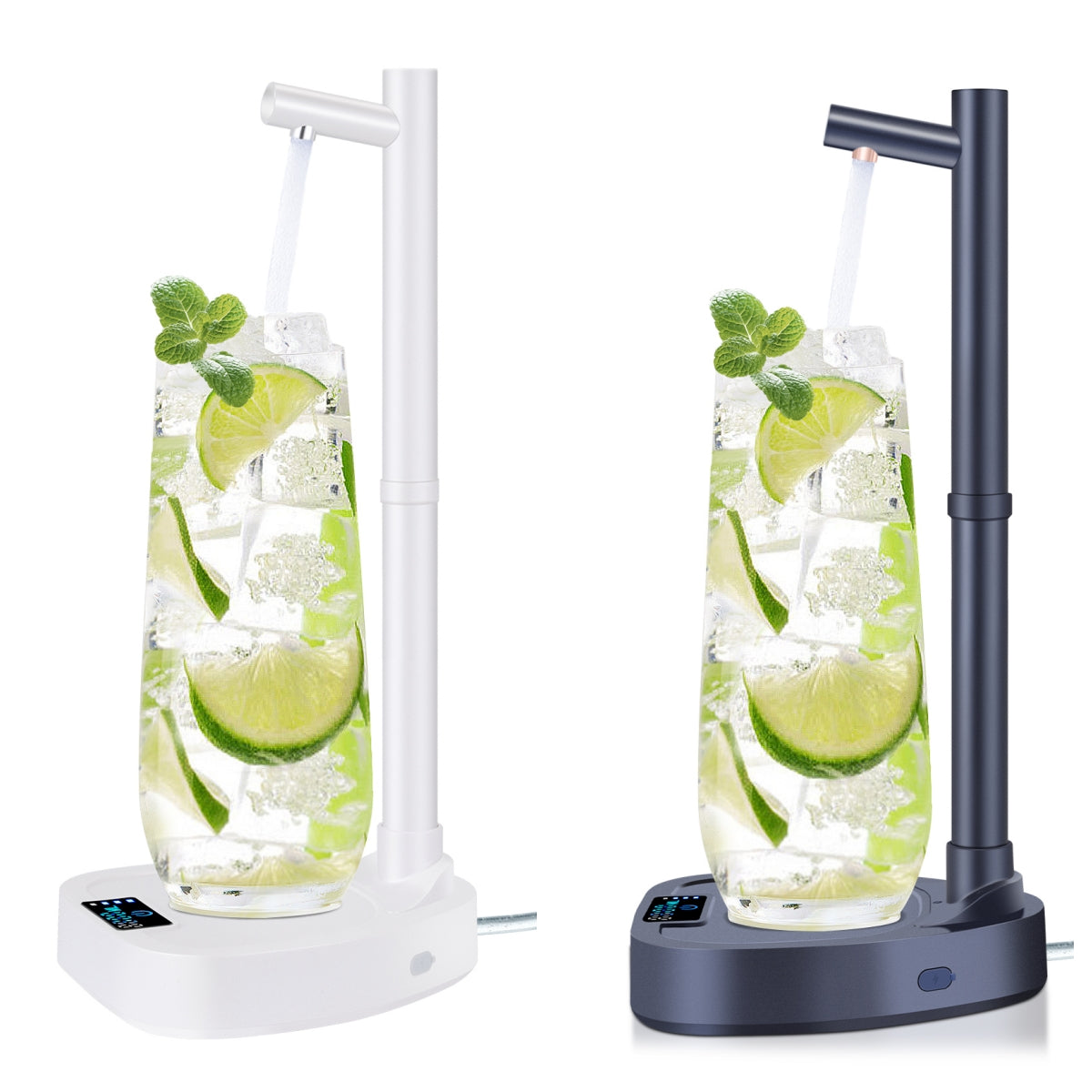 Smart Desktop Water Dispenser - White and Black Variants: The image shows two variants of the Smart Desktop Water Dispenser, one in white and the other in black. Both dispensers are shown pouring water into glasses filled with ice and lime, highlighting their sleek, modern design.