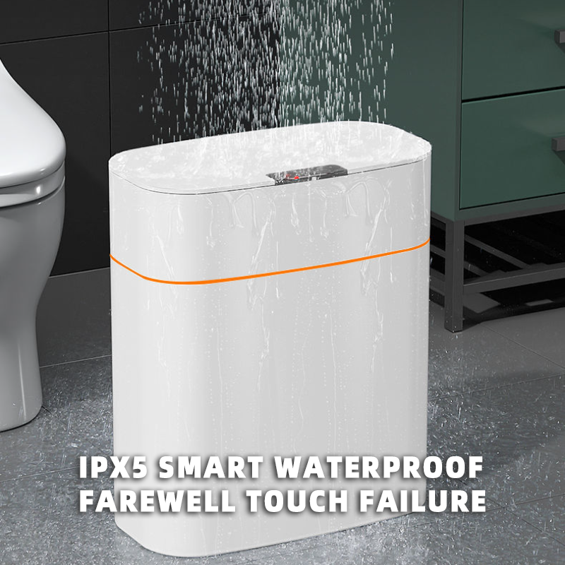 Waterproof Smart Trash Can: This white, motion-activated trash can highlights its IPX6 waterproof rating, ensuring durability and reliability even in environments where spills are common.