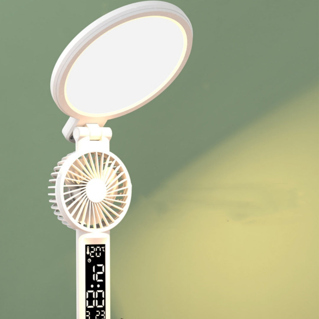 Close-up of the LED desk lamp showcasing its sleek, modern design. The built-in fan and clock are visible, perfect for a modern desk setup