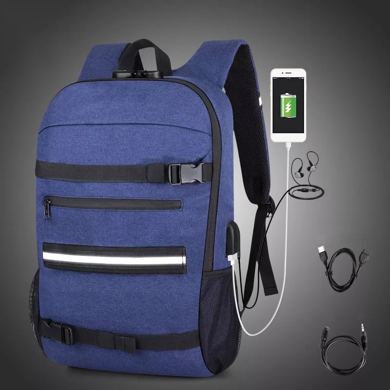 Blue Anti-Theft Backpack Detail: A close-up of a blue Anti-Theft Combination Lock USB Charging Shoulder Bag, highlighting the combination lock, USB charging port, and headphone jack.