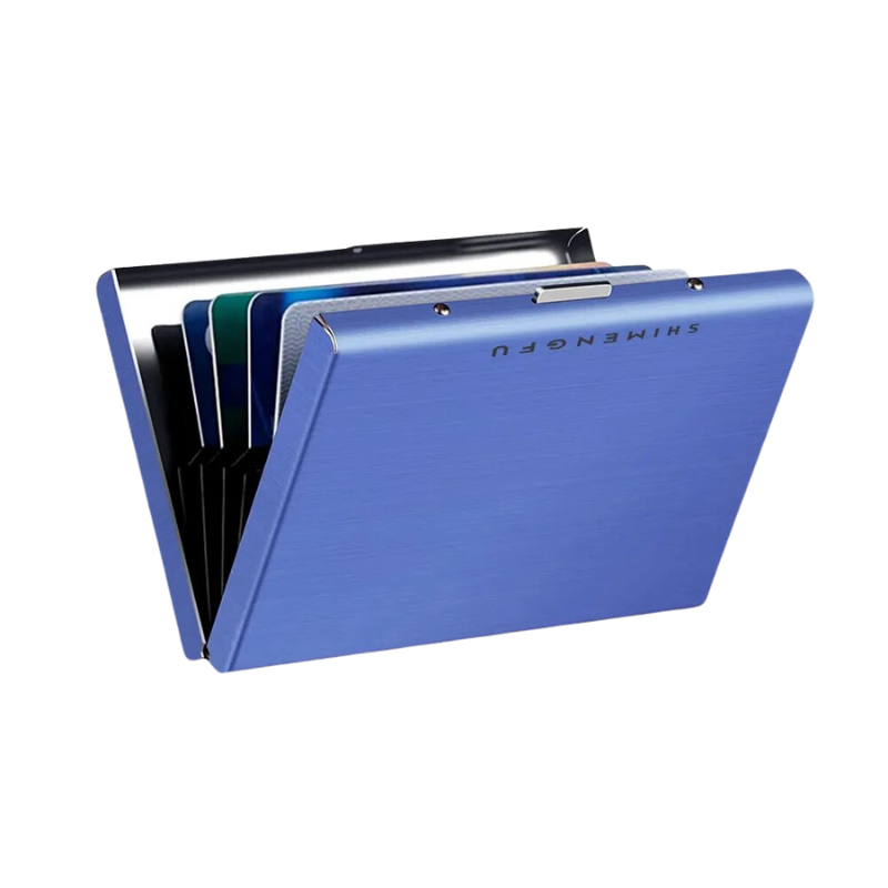 A blue version of the card organizer is presented, signifying an alternative color option, with the same brand name visible.