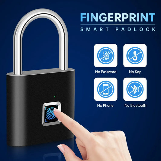 A black smart padlock featuring a fingerprint sensor with icons indicating no password, key, phone, or Bluetooth is needed.