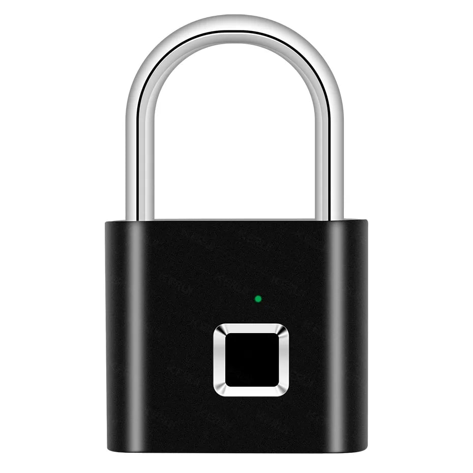A black smart padlock featuring a fingerprint sensor with icons indicating no password, key, phone, or Bluetooth is neede