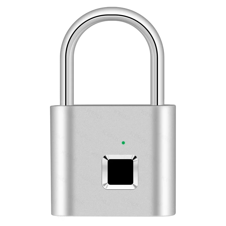 A grey smart padlock featuring a fingerprint sensor with icons indicating no password, key, phone, or Bluetooth is neede