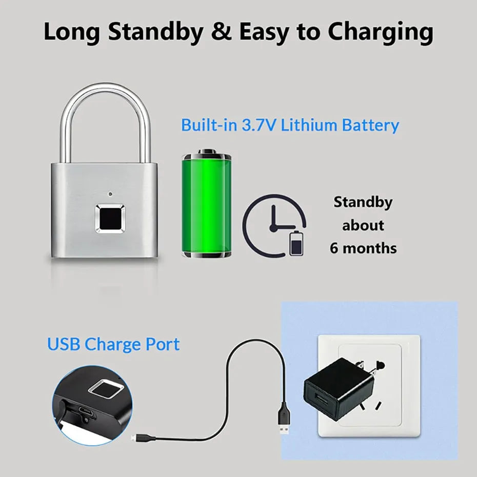 A diagram showing the padlock's long battery life and easy USB charging capability, with a standby time of 6 months.