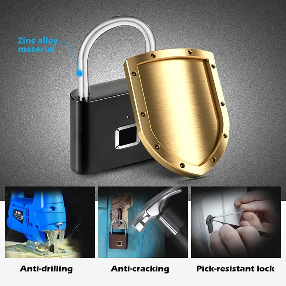 The padlock in a golden color, displayed next to a black version, with a focus on its durable, splash-proof design.