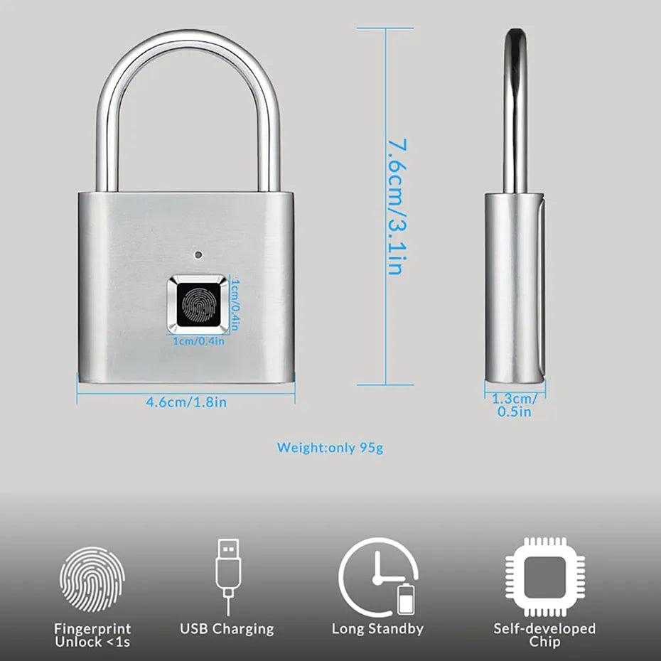 A set of line drawings showing the padlock's features such as USB port, waterproof design, and fingerprint recognition.