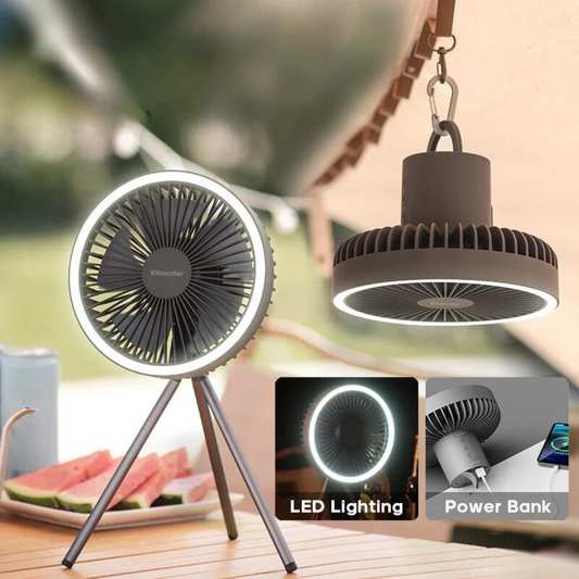 Hanging Fan with Tripod: A portable fan with an LED ring light hangs from a hook, supported by a sturdy tripod, perfect for camping and outdoor use.