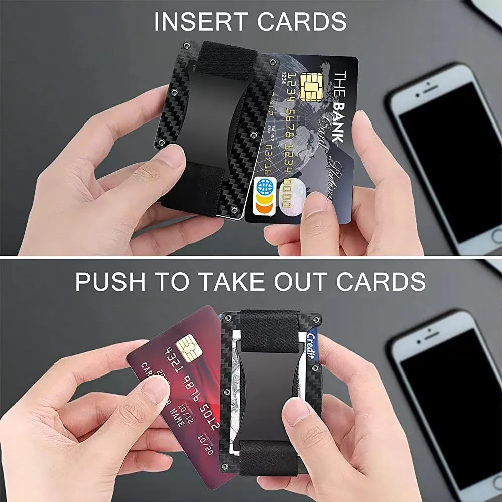 A person’s hands are shown inserting and pushing cards out of the top of the card holder, illustrating the ease of access.