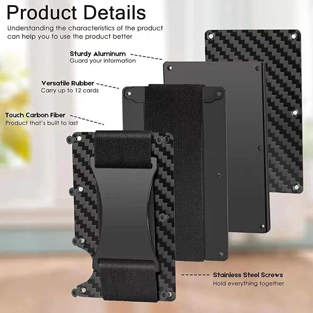 A detailed display of the card holder in various views: front, back, and side. It highlights the sturdy aluminum structure, the carbon fiber material, and the stainless steel screws that hold the components together. The elastic strap is noted for its versatility to carry up to 12 cards.